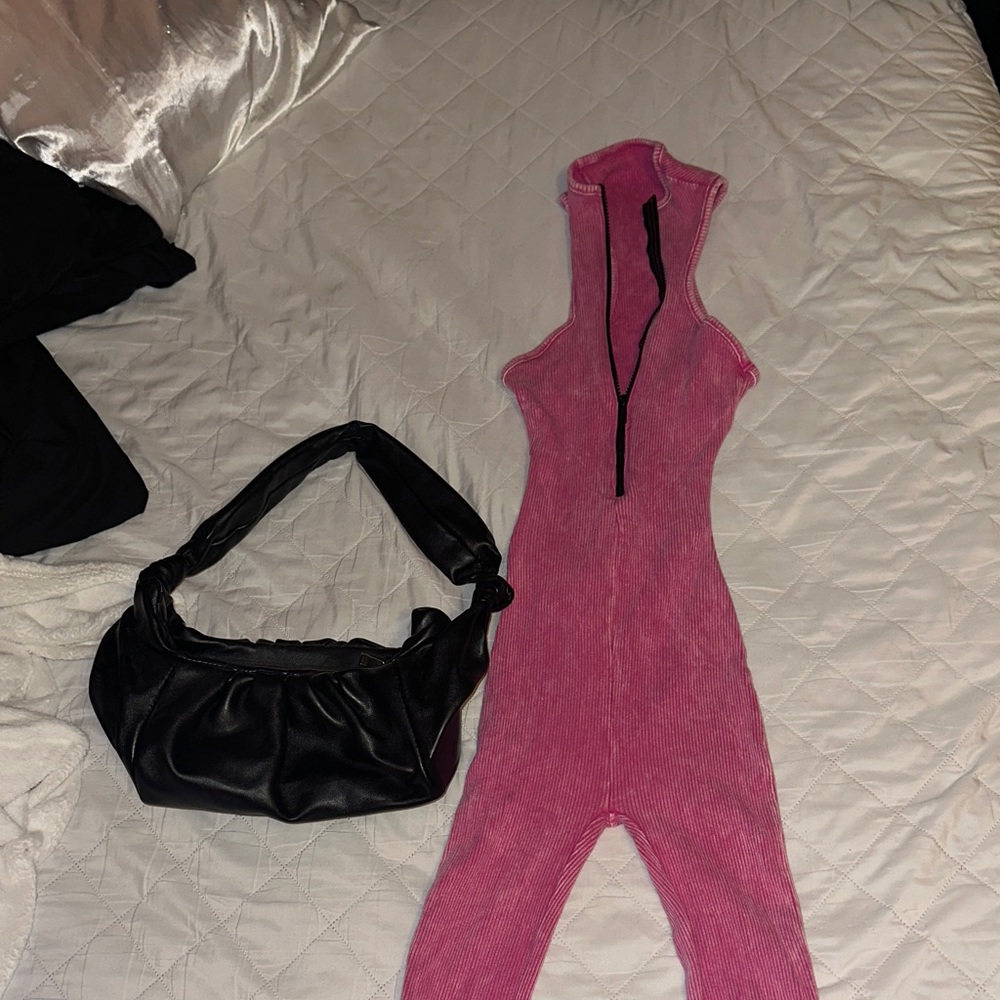 Pink Sleeveless Jumpsuit with Black Bag